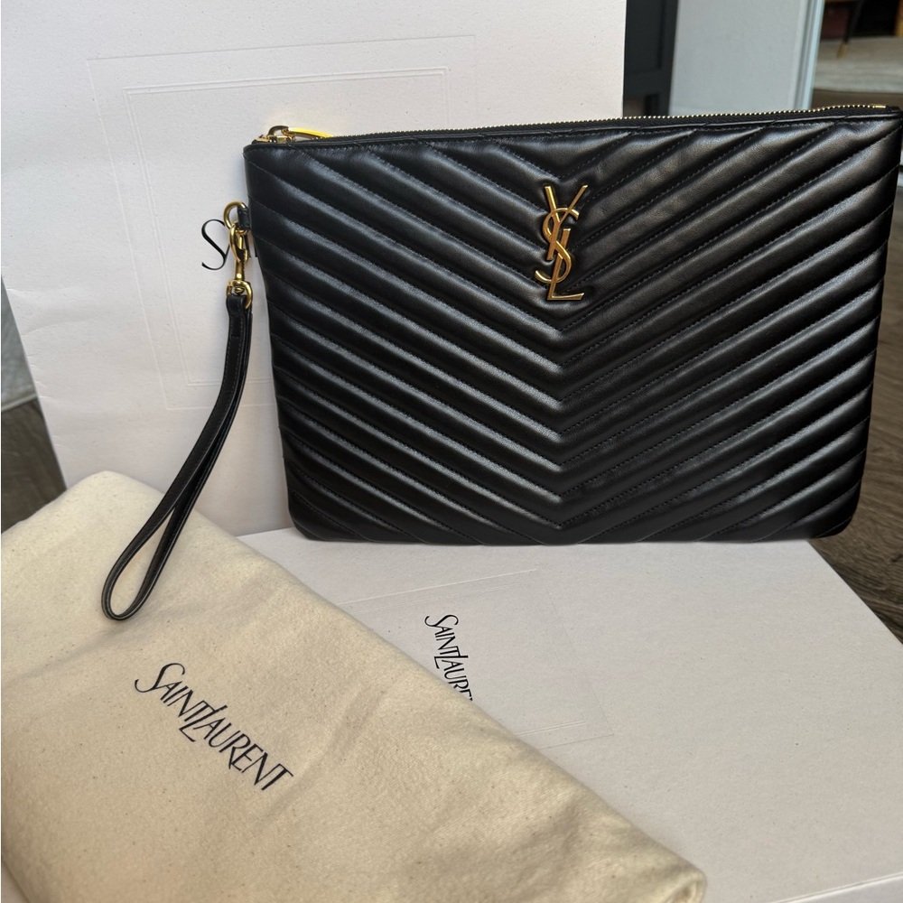 Saint Laurent Black Chevron Quilted Wristlet Clutch